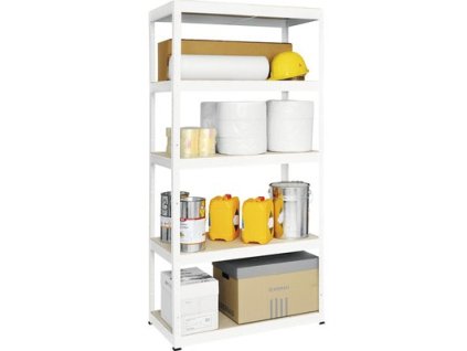 Kovový bezskrutkový regál FUTUR, 180 x 90 x 35 cm, 250 kg / pol., 5 MDF políc, biela