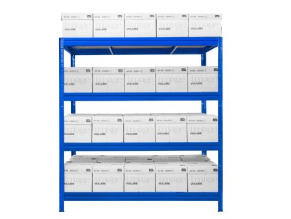 Kovový bezskrutkový regál HEAVY RACK, 177 x 160 x 60 cm, 600 kg / pol., 4 MDF police, modrá