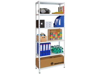 Kovový skrutkovaný regál STANDARD ECO, 180 x 75 x 30 cm, 75 kg / polica, 6 kovových políc, biela