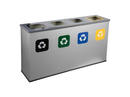 Predný pohľad na štvoroddielový kôš EKO STATION – recyklačné nádoby s farebnými otvormi na triedenie odpadu.