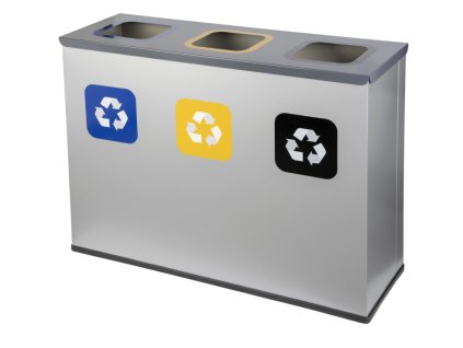 Kovový kôš na triedený odpad EKO STATION – 3×60 l, čelné pohľady s farebnými symbolmi