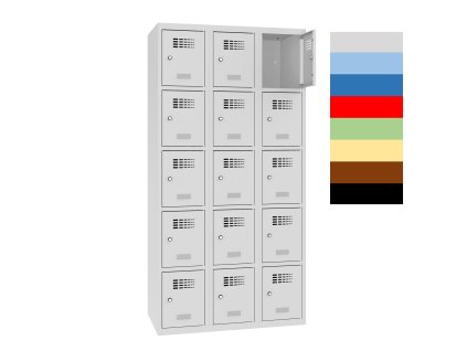 Šatníkové skrine delené, 15 boxov, cylindrický zámok, zvarované, oddiel 300 mm