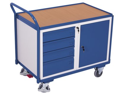 Dílenský vozík, 4 zásuvky a skříňka, Variofit, do 250 kg, š x h x v: 112,5 x 62,5 x 101 cm, modrá/antracit (Barva antracit RAL7016)