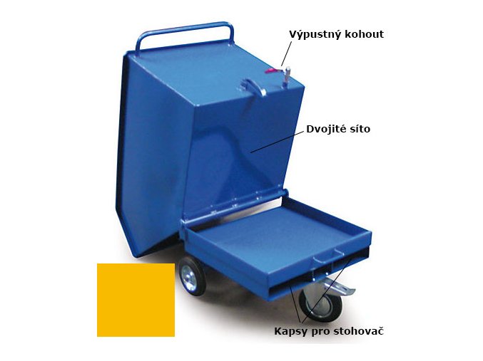 Výklopný vozík na špony, triesky 250 litrov, s kapsami pre vysokozdvižné vozíky, dvojitým dnom, sítom, výpustným kohútom,žltý