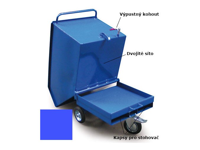 Výklopný vozík na špony, triesky 400 litrov, s kapsami pre vysokozdvižné vozíky, dvojitým dnom, sítom, výpustným kohútom,modrý