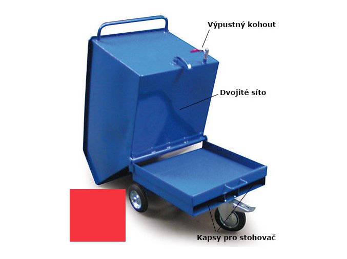 Výklopný vozík na špony, triesky 600 litrov, s kapsami pre vysokozdvižné vozíky, dvojitým dnom, sítom, výpustným kohútom,červený