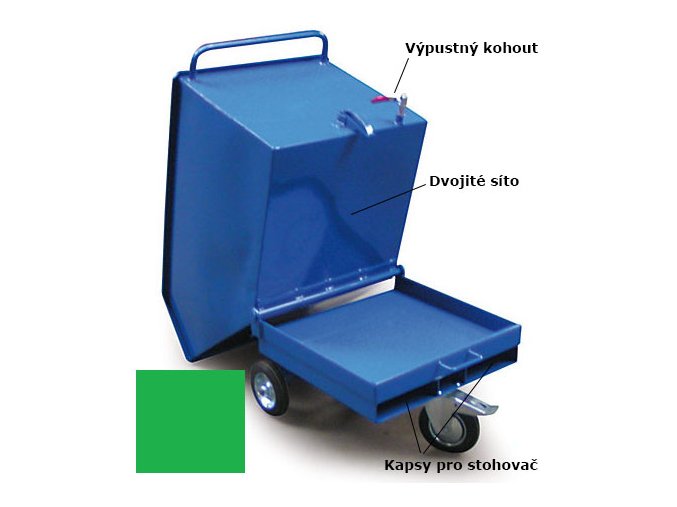 Výklopný vozík na špony, triesky 600 litrov, s kapsami pre vysokozdvižné vozíky, dvojitým dnom, sítom, výpustným kohútom,zelený