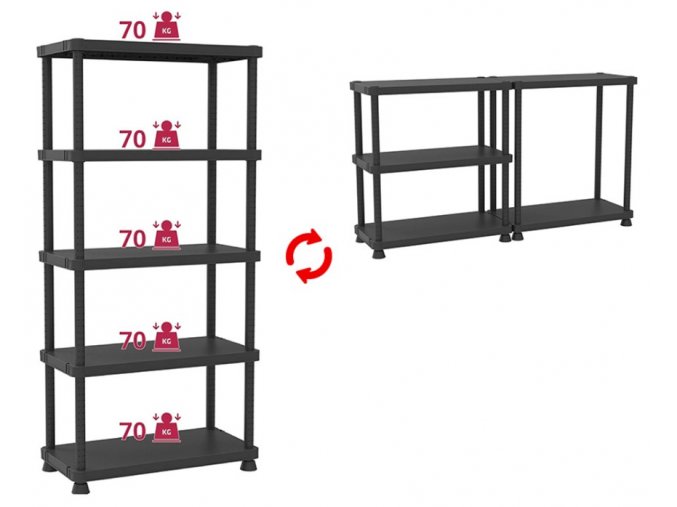 Plastový regál 187,5 x 90 x 45 cm cm, 70 kg / pol.