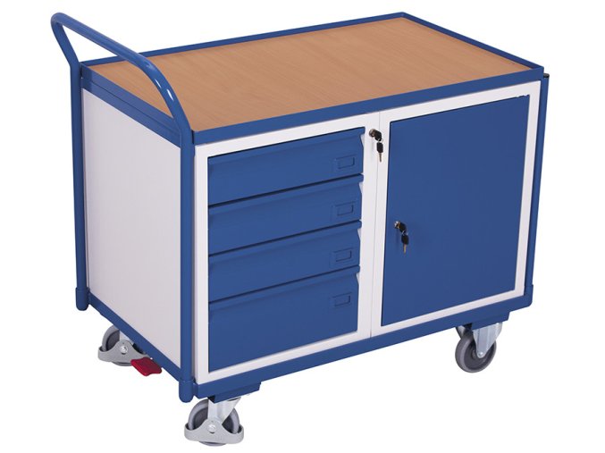 Dílenský vozík, 4 zásuvky a skříňka, Variofit, do 250 kg, š x h x v: 112,5 x 62,5 x 101 cm, modrá/antracit (Barva antracit RAL7016)