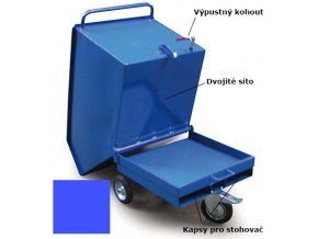 Výklopný vozík na špony, triesky 250 litrov, s kapsami pre vysokozdvižné vozíky, dvojitým dnom, sítom, výpustným kohútom,modrý