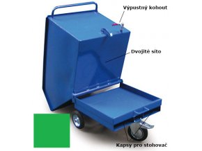 Výklopný vozík na špony, triesky 250 litrov, s kapsami pre vysokozdvižné vozíky, dvojitým dnom, sítom, výpustným kohútom,zelený
