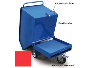 Výklopný vozík na špony, triesky 400 litrov, s kapsami pre vysokozdvižné vozíky, dvojitým dnom, sítom, výpustným kohútom,červený