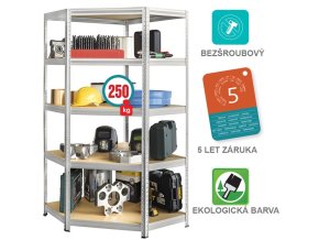 Kovový bezskrutkový regál FUTUR rohový, 180 x 70 x 30 cm, 5 políc, MDF, nosnosť 250 kg, pozink