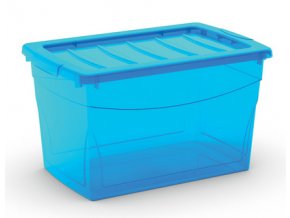 Plastový úložný box s vekom na klip, priehľadný, modrá, 30 l