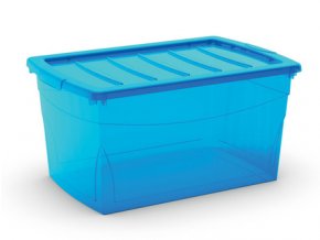 Plastový úložný box s vekom na klip, priehľadný, modrá, 50 l