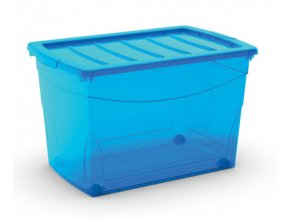 Plastový úložný box s vekom na klip, priehľadný, modrá, 60 l