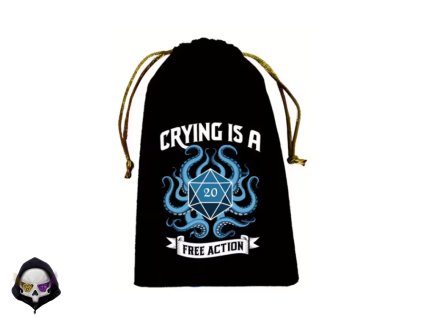 černý semišový sáček na kostky s nápisem Crying is a free action
