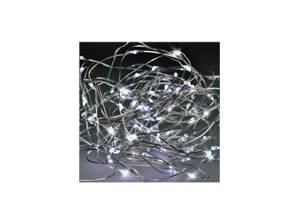 Solight vánoční řetěz stříbrný, 100x mini LED, 10m, 3 x AA, studené světlo