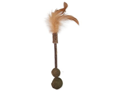 Hračka Magic Cat Natural Fun dřívko s přírodními pírky a zelenými koulemi 18cm
