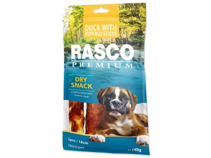 Pochoutka Rasco Premium buvolí kůže obalená kachním, tyčinky 18cm 3x140g