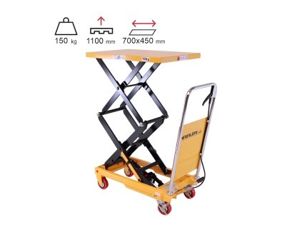 Mobilní hydraulický zvedací stůl, do 150 kg, deska 74 x 45 cm, dvojité nůžky
