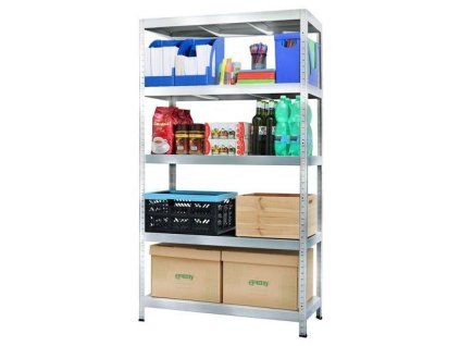 Kovový bezšroubový regál DRUMY, 180 x 100 x 40 cm, 130 kg/police, 5 kovových polic, pozink