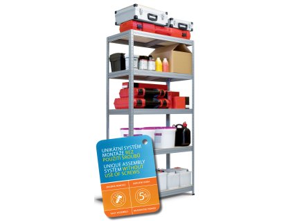 Kovový bezšroubový regál FUTUR, 180 x 75 x 35 cm, 250 kg/pol., 5 MDF polic, pozink