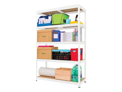 Kovový bezšroubový regál FUTUR PLUS, 180 x 120 x 45 cm, 200 kg/pol., 5 dřevovláknitých HDF polic, bílá