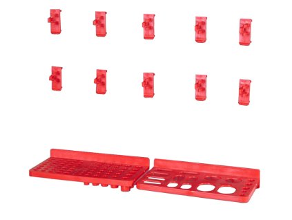 Sada poliček a háčků k závěsnému panelu na boxy, červená