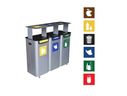 Sada 3 x venkovních odpadkových koš Modular na tříděný odpad se stříškou, objem 3 x 70 l