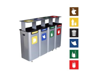 Sada 4 x venkovních odpadkových koš Modular na tříděný odpad se stříškou, objem 4 x 70 l