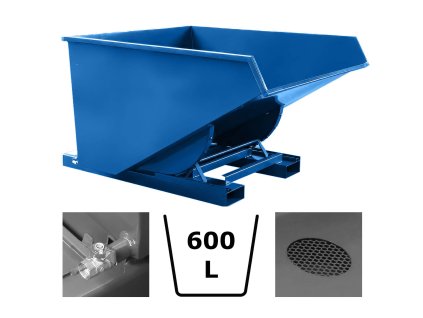 Výklopný kontejner - přepravník s dvojitým dnem, výpustným kohoutem a sítem, modrý, objem 600 litrů