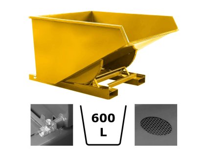 Výklopný kontejner - přepravník s dvojitým dnem, výpustným kohoutem a sítem, žlutý, objem 600 litrů