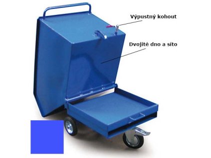 Výklopný vozík na špony, třísky 250 litrů, s dvojitým dnem, sítem a kohoutem, modrý