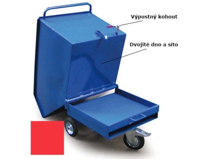Výklopný vozík na špony, třísky 600 litrů, s dvojitým dnem, sítem a kohoutem, červený