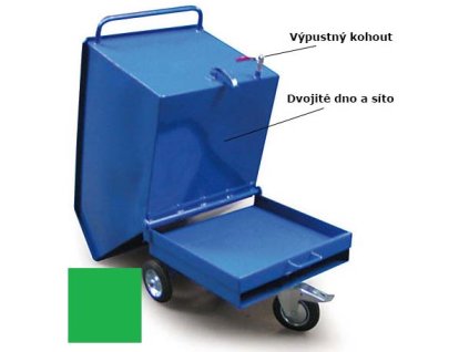 Výklopný vozík na špony, třísky 600 litrů, s dvojitým dnem, sítem a kohoutem, zelený