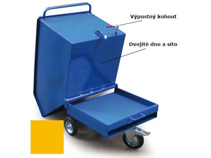 Výklopný vozík na špony, třísky 600 litrů, s dvojitým dnem, sítem a kohoutem, žlutý