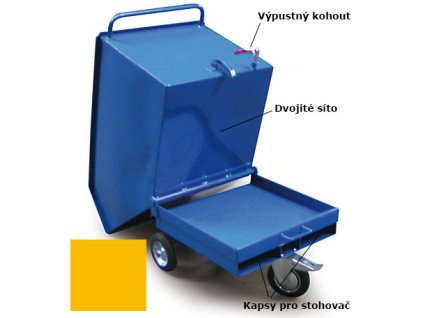 Výklopný vozík na špony, třísky 250 litrů, s kapsami pro stohovač, dvojitým dnem, sítem i kohoutem, žlutý