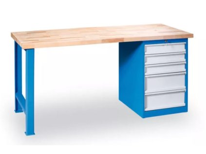Dílenský stůl Variant, buková spárovka, pevná noha + zásuvkový dílenský box, 5 zásuvek, 1500 x 685 x 850 mm, modrá