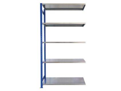 Kovový bezšroubový regál, přístavbový, 200 x 100 x 40 cm, 160 kg/police, 5 polic, modrý