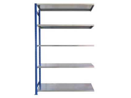 Kovový bezšroubový regál, přístavbový, 200 x 130 x 40 cm, 110 kg/police, 5 polic, modrý