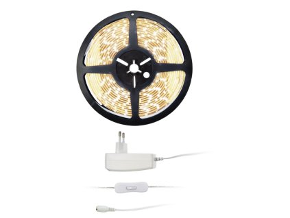 Solight LED světelný pás s testrem, 5m, sada s 12V adaptérem, 4,8W/m, IP65, teplá bílá