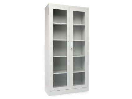 Plechová dílenská skříň s prosklenými dveřmi, montovaná, 1850 x 900 x 400 mm, 4 police, šedá