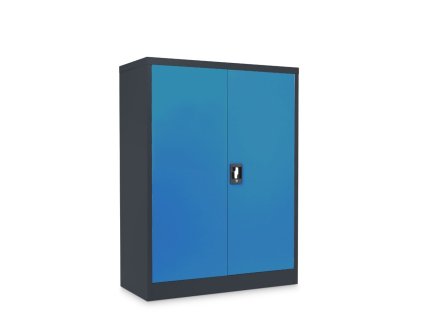 Plechová dílenská skříň montovaná, 1200 x 900 x 400 mm, 2 police, černá-modrá