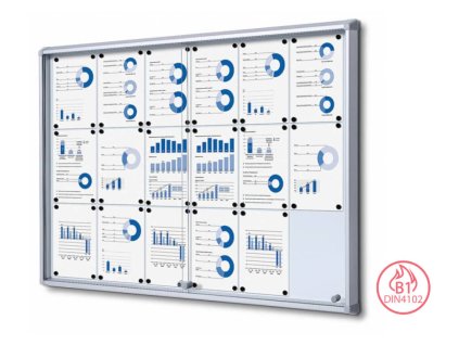 Interiérová magnetická vitrína 18 x A4, posuvné skleněné dveře, protipožární, zamykatelná