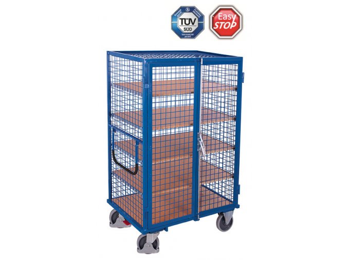 Vysoký uzavíratelný skříňový vozík s madlem a mřížovými stěnami, Variofit, 5 polic (123 x 75 cm), do 500 kg, modrá/antracit (Barva antracit RAL7016)