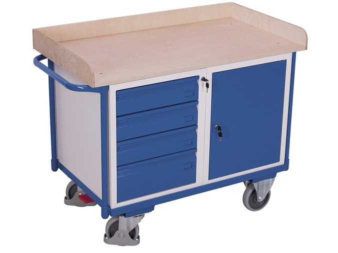 Dílenský vozík, 4 zásuvky a skříňka, Variofit, do 400 kg, š x h x v: 122 x 64 x 95,5 cm, modrá/antracit (Barva antracit RAL7016)