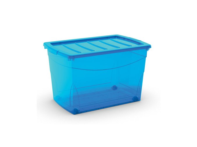 Plastový úložný box s víkem na klip, průhledný, modrá, 60 l