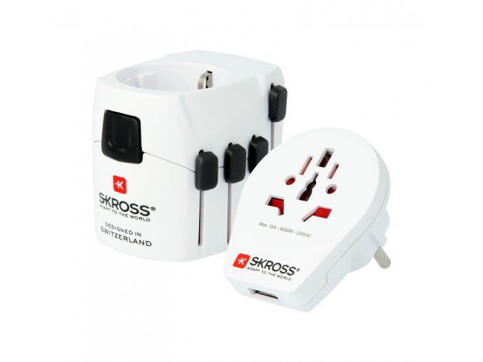 SKROSS cestovní adaptér PRO World and USB, 6,3A max., uzemněný, vč. univerzální USB nabíječky, pro celý svět