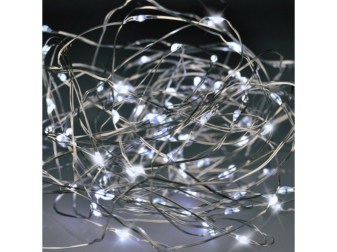 Solight vánoční řetěz stříbrný, 100x mini LED, 10m, 3 x AA, studené světlo